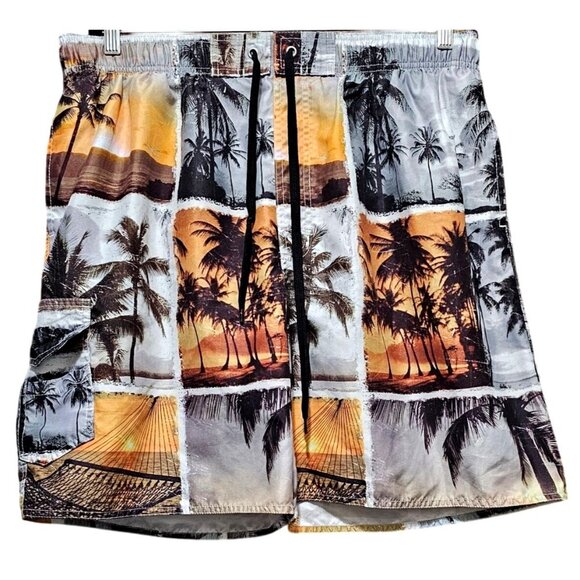Newport Blue Mens Tropical Sunset Print Swim Trunks With Pockets Elastic Waist & - Picture 1 of 10